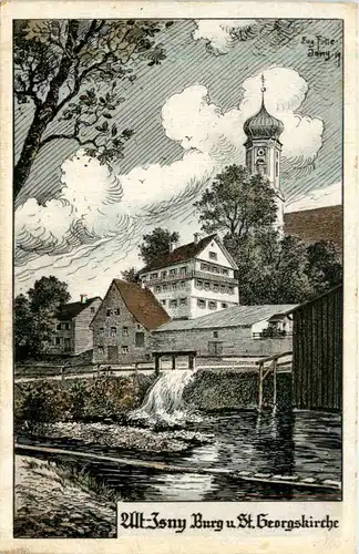 Alt- Isny - Burg und St. Georgskirche - Künstler-AK Eugen Felle -609434