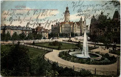 Leipzig, Neues Rathaus mit Schmuckplatz vor dem Reichsgericht -525618