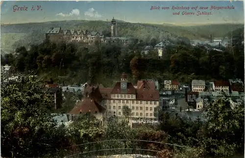 Greiz, Blick vom reissberg auf neue Bürgerschule und oberes Schloss -524516