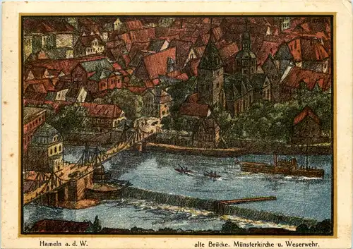 Hameln a.d. W., alte Brücke, Münsterkirche u. Weserwehr -525416
