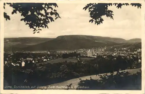 Jena, Durchblick auf Jenzig, Zeiss-Hochhaus u. Ehrenhain -526244