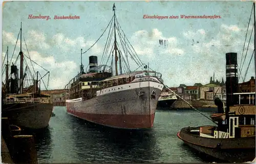 Hamburg, Baakenhafen, Einschleppen eines Woermanndampfers -527316