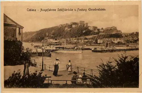 Koblenz, Ausgefahrene Schiffsbrücke u. Festung Ehrenbreitstein -527756