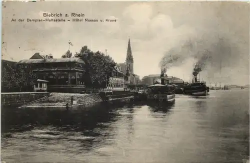 Biebrich am Rhein, An der Dampfer-Haltestelle - Hotel Nassau u. Krone -528576