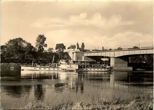 Riesa an der Elbe, Neue Elbbrücke mit Elbdampfer Riesa -528716