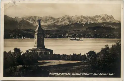 Starnbergersee, Bismarckturm mit Seeshaupt -529936