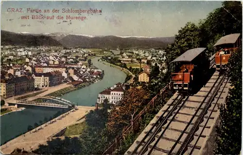Graz, Partie an der Schlossbergbahn mit Blick auf die Murenge -529478