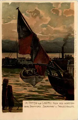 Im Hafen von Lindau - Dampfer Everhard - Litho -612296