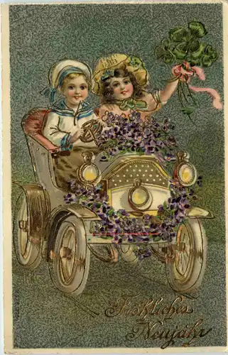 Neujahr - Frauen im Auto - Prägekarte -632978