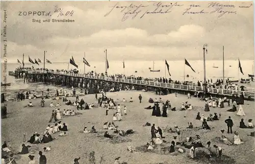 Ostseebad Zoppot - Steg und Strandleben -625860