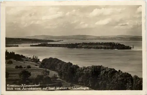 Konstanz-Allmannsdorf, Blick vom Aussichtsturm auf Insel Mainau u. Überl -521522