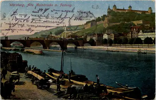 Würzburg, Alte Mainbrücke mit Festung -528640