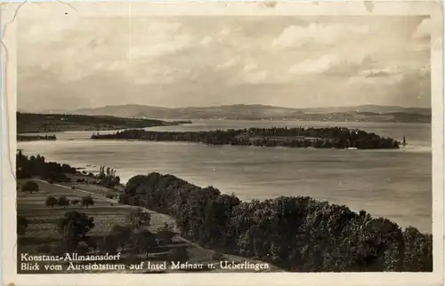 Konstanz-Allmannsdorf, Blick vom Aussichtsturm auf Insel Mainau u. Überl -521524