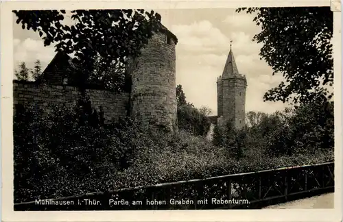 Mühlhausen i.Thür., Partie am hohen Graben mit Rabenturm -525022