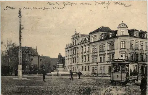 Zittau - Ottokarplatz mit Bismarckdenkmal Strassenbahn -645212