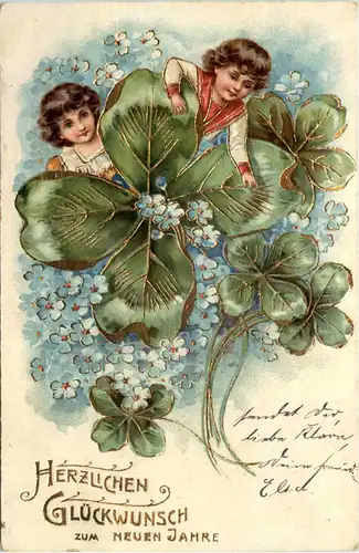 Neujahr - Kinder mit Kleeblatt - Prägekarte -645800