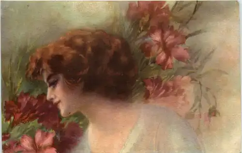 Künstler Ak - Frau mit Blumen -648870