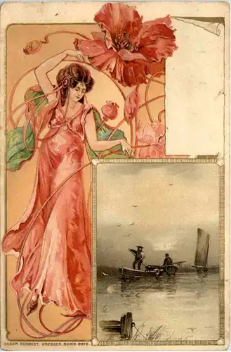 Frau mit Blume - Jugendstil - Prägekarte -648864