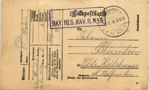 Feldpost Bay. Res Kav. Reg. 5 -651038
