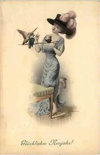 Neujahr - Frau mit Vögeln mit Männerköpfen -652476