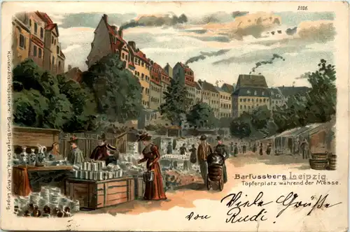 Leipzig - Barfussberg - Töpferplatz während der Messe - Litho -655618