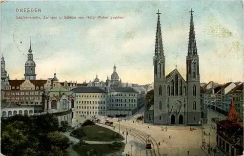 Dresden, Sophienkirche, Zwinger u. Schloss von Hotel Weber gesehen -537002