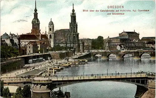 Dresden, Blick über die Carolabrücke auf Hofkirche, Kgl.Opernhaus -537272