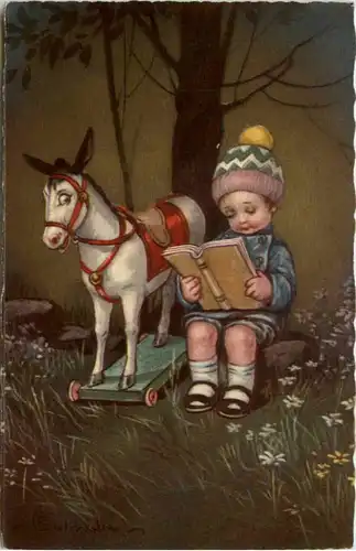 Kind mit Spielzeugpferd und Buch -659156