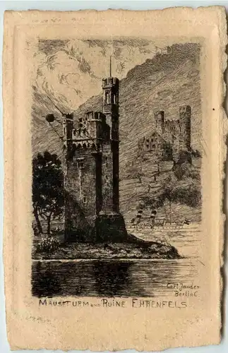 Mäuseturm und Ruine Ehrenfels - Radierung -660216