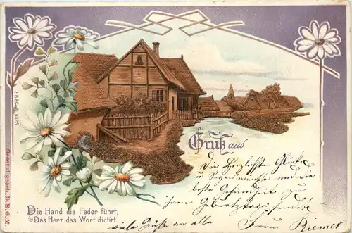 Die Hand die Feder führt- Prägekarte - Litho -660532