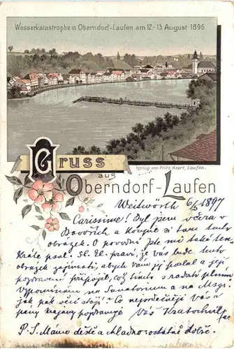 Gruss aus Oberndorf-Laufen - Wasser Katastrophe 1896 Litho -669822