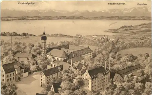 Andechs, Kloster mit Ammersee und Gebirgspanorama -545078