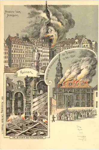 Dresden - Brand der Kreuzkirche 1897 - Litho -671486