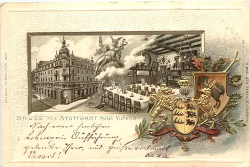 Gruss aus Stuttgart - Hotel Victoria - Prägekarte Litho -673374