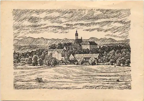 Andechs, Kloster am Ammersee, Federzeichnung v. Gerhard Schiffner -546184
