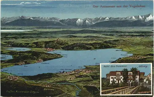 Gruss vom Ammersee aus der Vogelschau - Utting - Künstler Ak Eugen Felle -675498