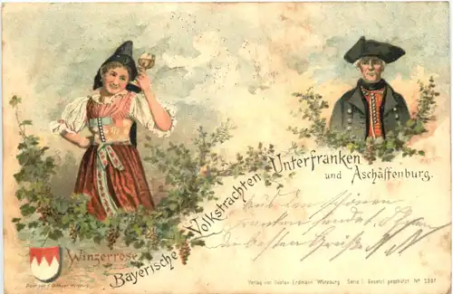 Volkstrachten Unterfranken und Schaffenburg - Litho -677176