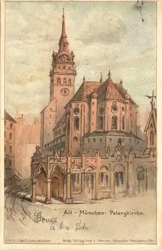 Alt - München - Peterskirche - Litho -681560