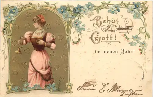 Neujahr - Frau mit Trompete - Prägekarte -685122