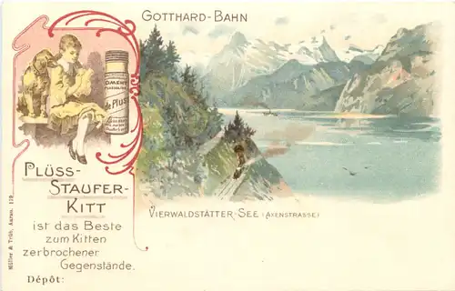 Gotthard Bahn - Vierwaldstätter See - Werbung Plüss Staufer Kitt - Litho -685648
