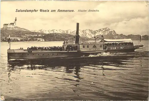 Dampfer Gisela am Ammersee mit Kloster Andechs -548522