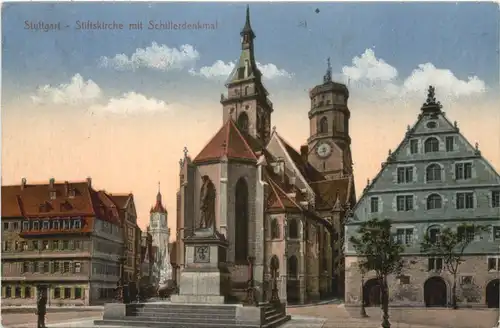 Stuttgart, Stiftskirche mit Schillerdenkmal -552596