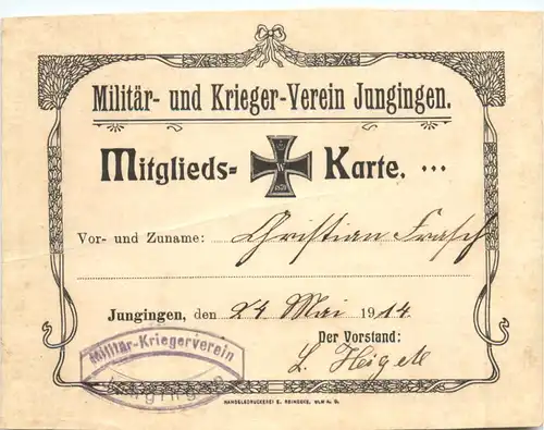 Jungingen - Mitgliedskarte Militär und Krieger Verein - Ulm -707062