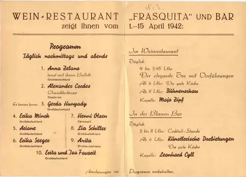 Berlin - Programm Restaurant Frasquita 1942 -711818