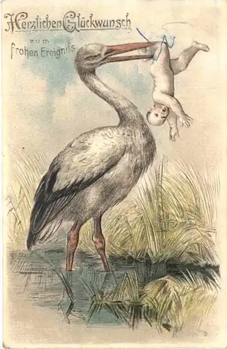 Geburt - Kind mit Storch - Prägekarte -712140