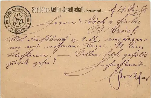 Kreuznach - Soolbäder Actien - Ganzsache 1878 -712412