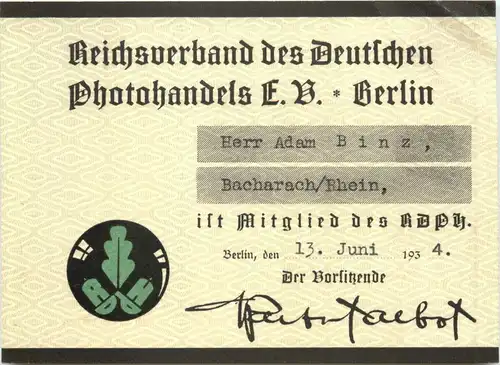 Berlin - Mitgliedskarte Reichsverband des Deutschen Photohandels Bacharach -716156