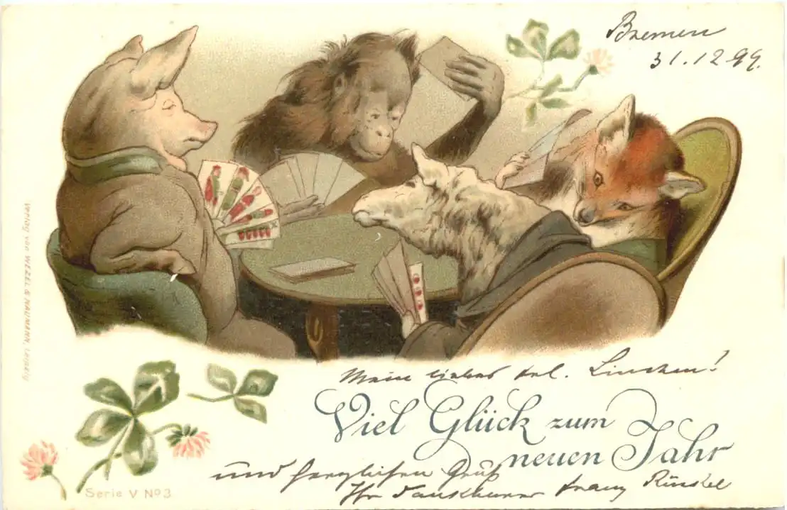 Neujahr - Schwein Affe Fuchs und Schaf beim Karten spielen -725544
