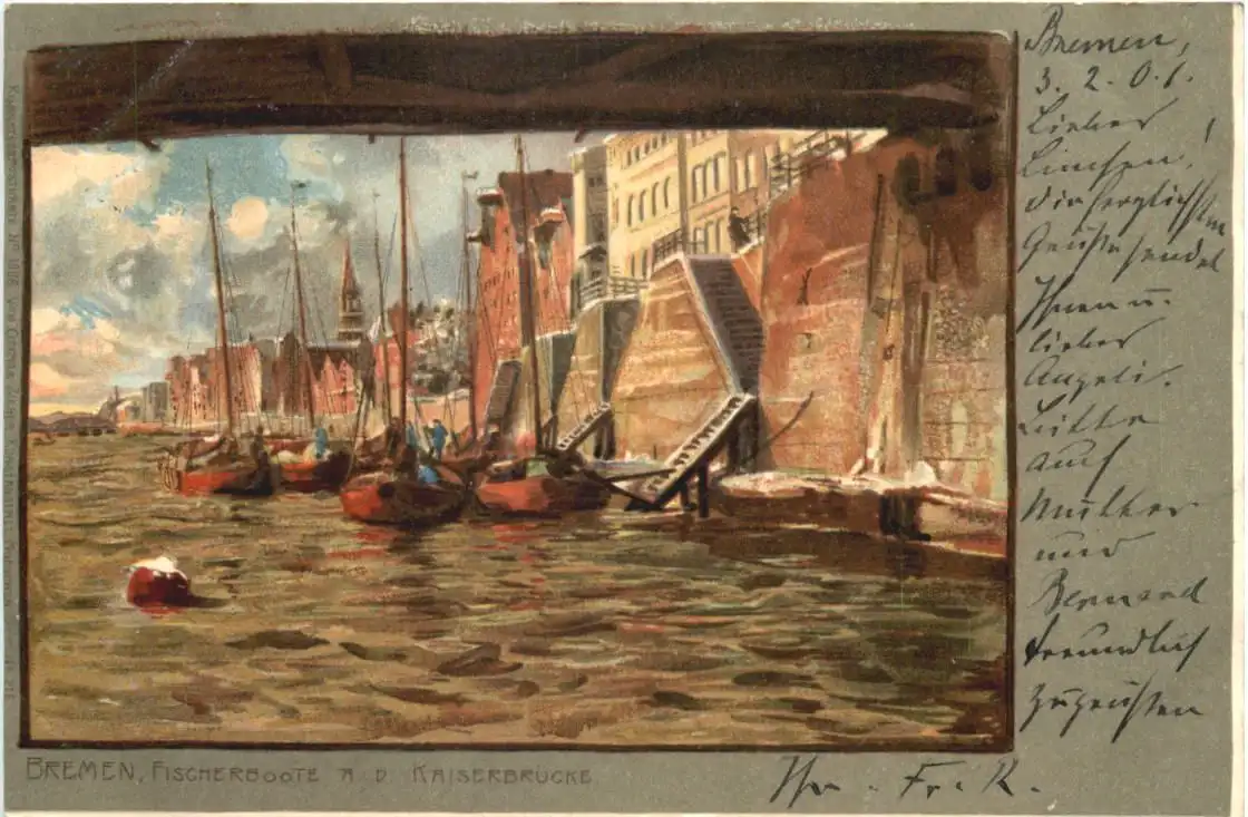 Bremen - Fischerboote an der Kaiserbrücke - Litho -726230