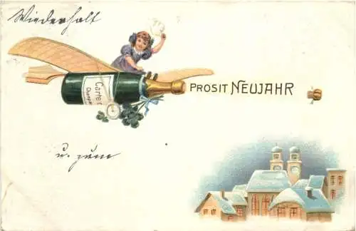 Neujahr - Frau auf Sektflasche - Prägekarte -727238